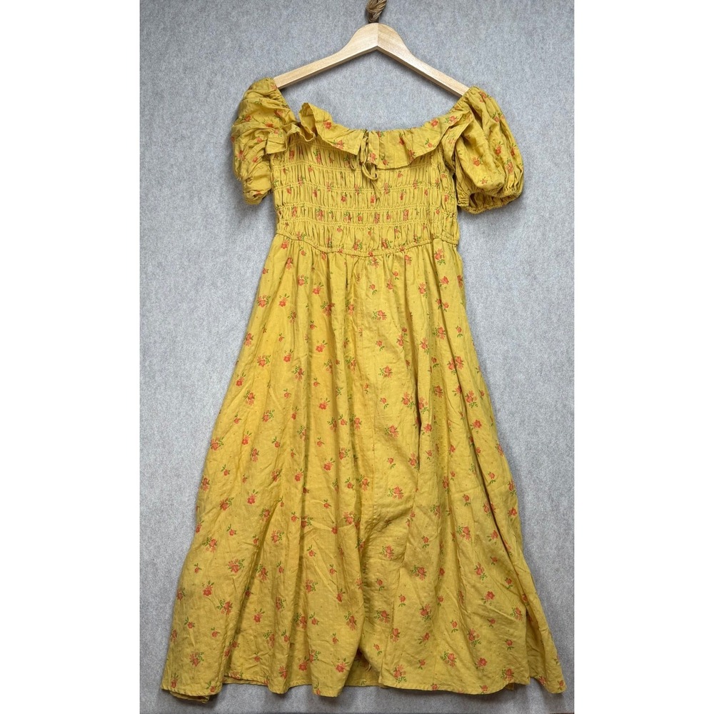 R.Vivimos Yellow Floral Smocked Puff Sleeve Midi Dress Womens Large Cottagecore